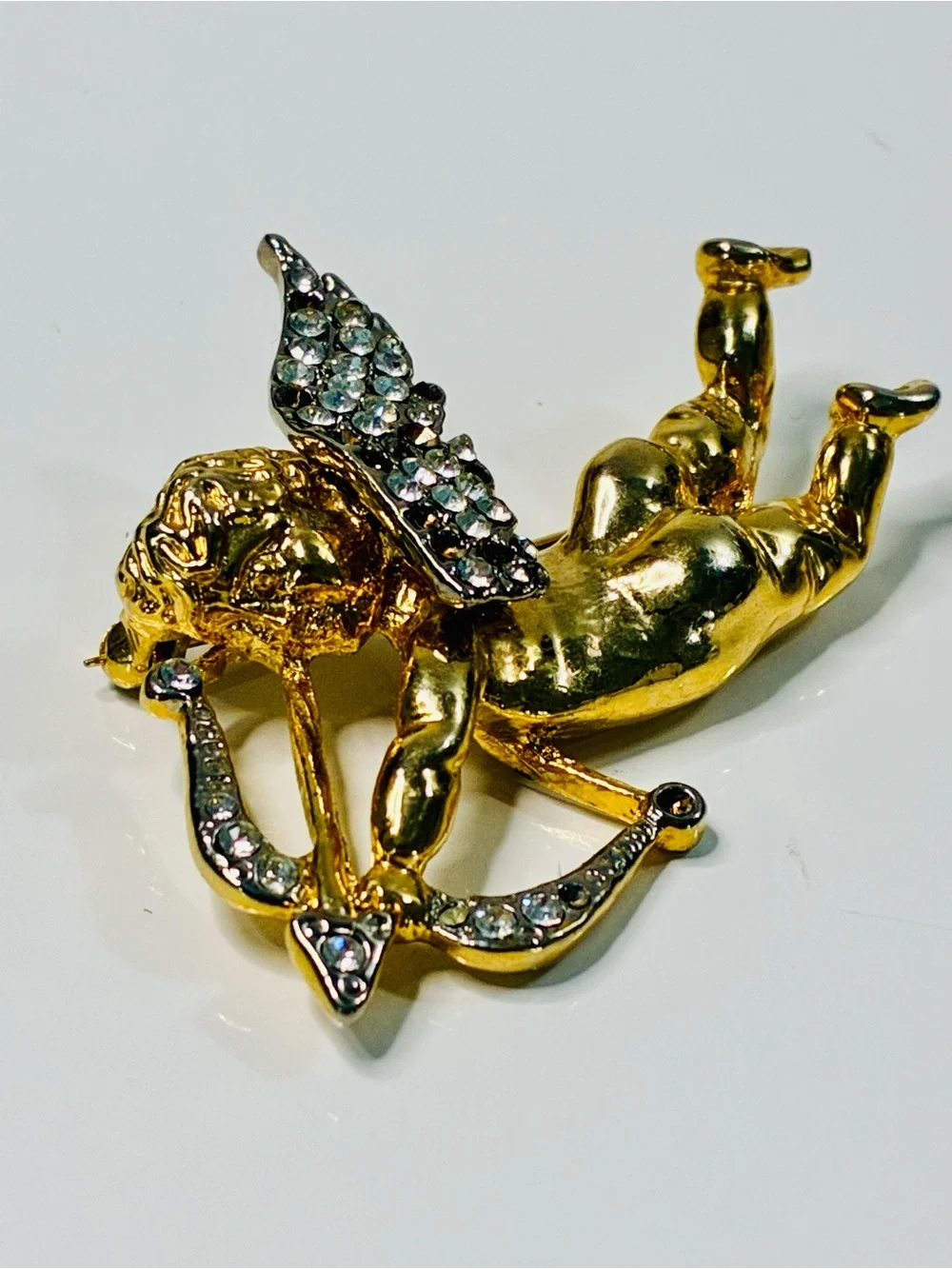 Distressed Gold-Tone Cupid Brooch with Clear Rhinestones Classic Valentine READ
